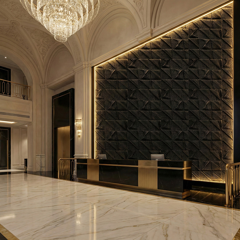 RATTANA P8RT 3D woven synthetic rattan wall panel with random triangle architectural texture in luxury interior setting.