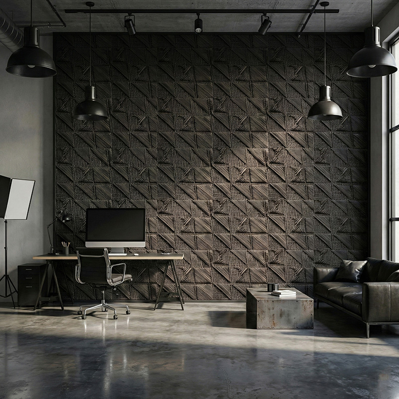 RATTANA P8RT 3D woven synthetic rattan wall panel with random triangle architectural texture in luxury interior setting.