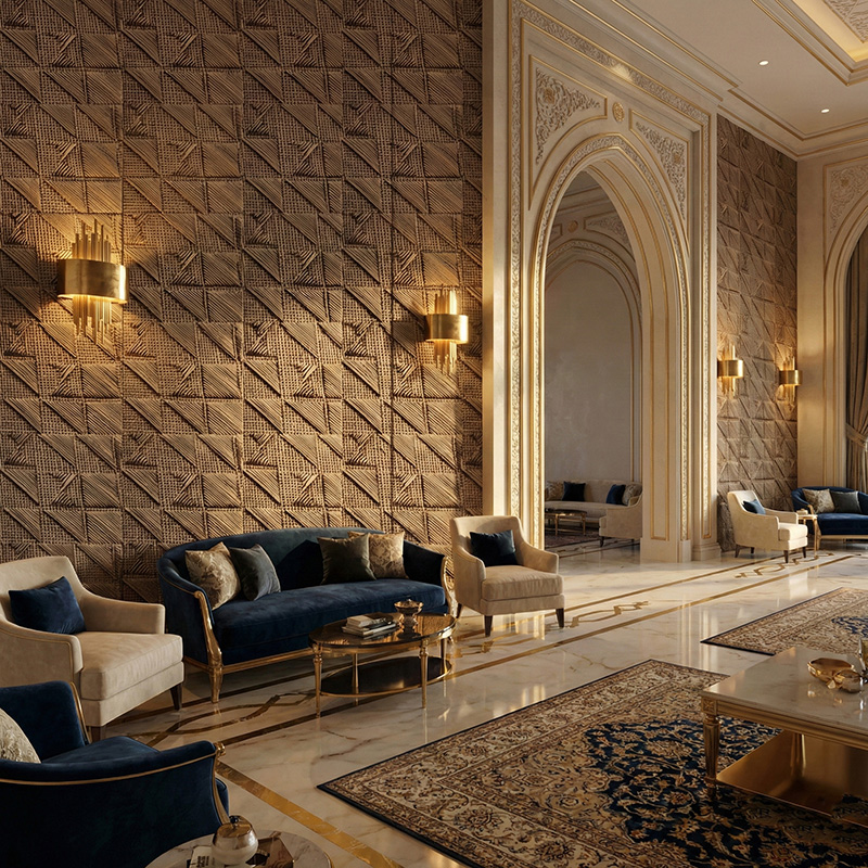 RATTANA P8RT 3D woven synthetic rattan wall panel with random triangle architectural texture in luxury interior setting.