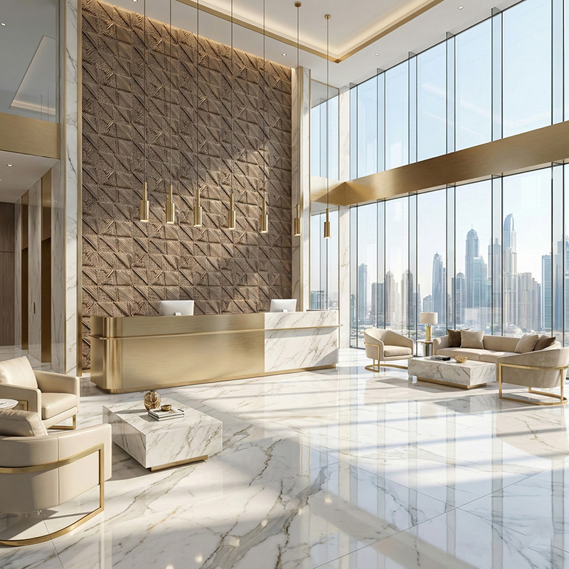 RATTANA P8RT 3D woven synthetic rattan wall panel with random triangle architectural texture in luxury interior setting.