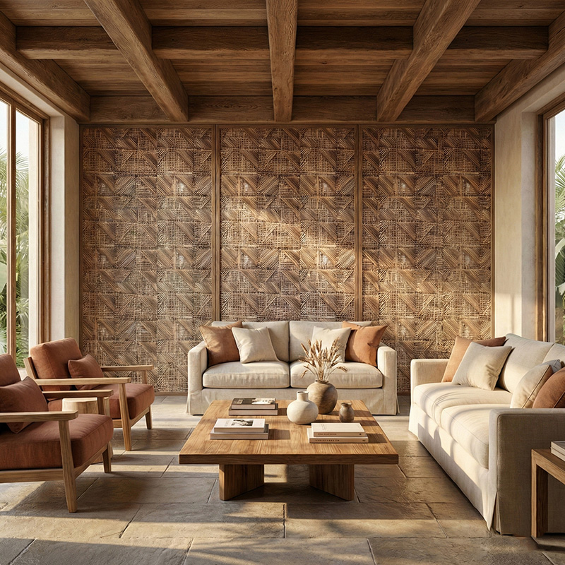 RATTANA P8RT 3D woven synthetic rattan wall panel with random triangle architectural texture in luxury interior setting.