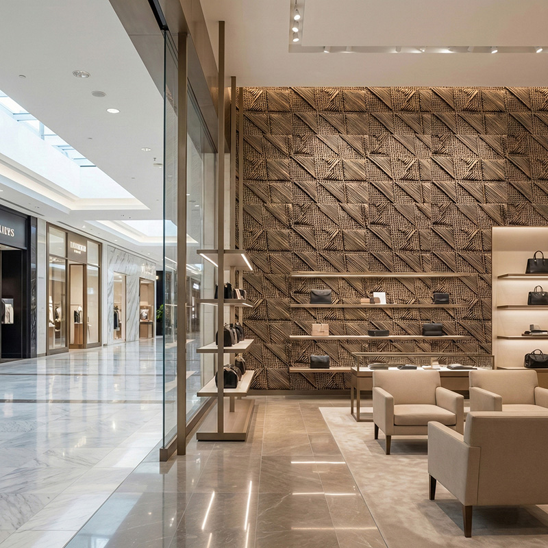 RATTANA P8RT 3D woven synthetic rattan wall panel with random triangle architectural texture in luxury interior setting.