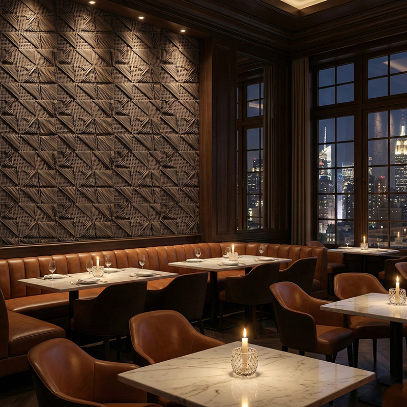 RATTANA P8RT 3D woven synthetic rattan wall panel with random triangle architectural texture in luxury interior setting.