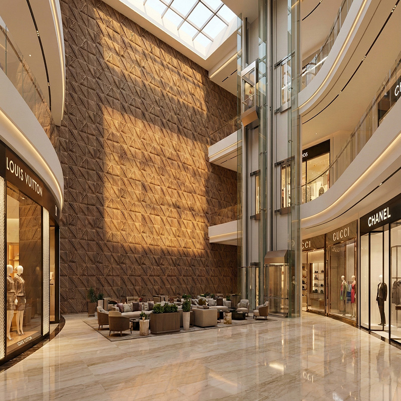 RATTANA P8RT 3D woven synthetic rattan wall panel with random triangle architectural texture in luxury interior setting.