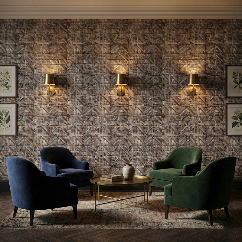 RATTANA P8RT 3D woven synthetic rattan wall panel with random triangle architectural texture in luxury interior setting.