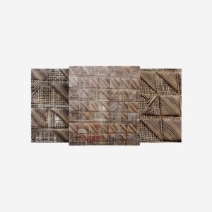 RATTANA P8RT 3D woven synthetic rattan wall panel with random triangle architectural texture in luxury interior setting.