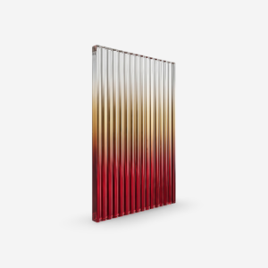 Gradient fluted glass panel with vertical ribbed texture and laminated structure used in modern interior partition design