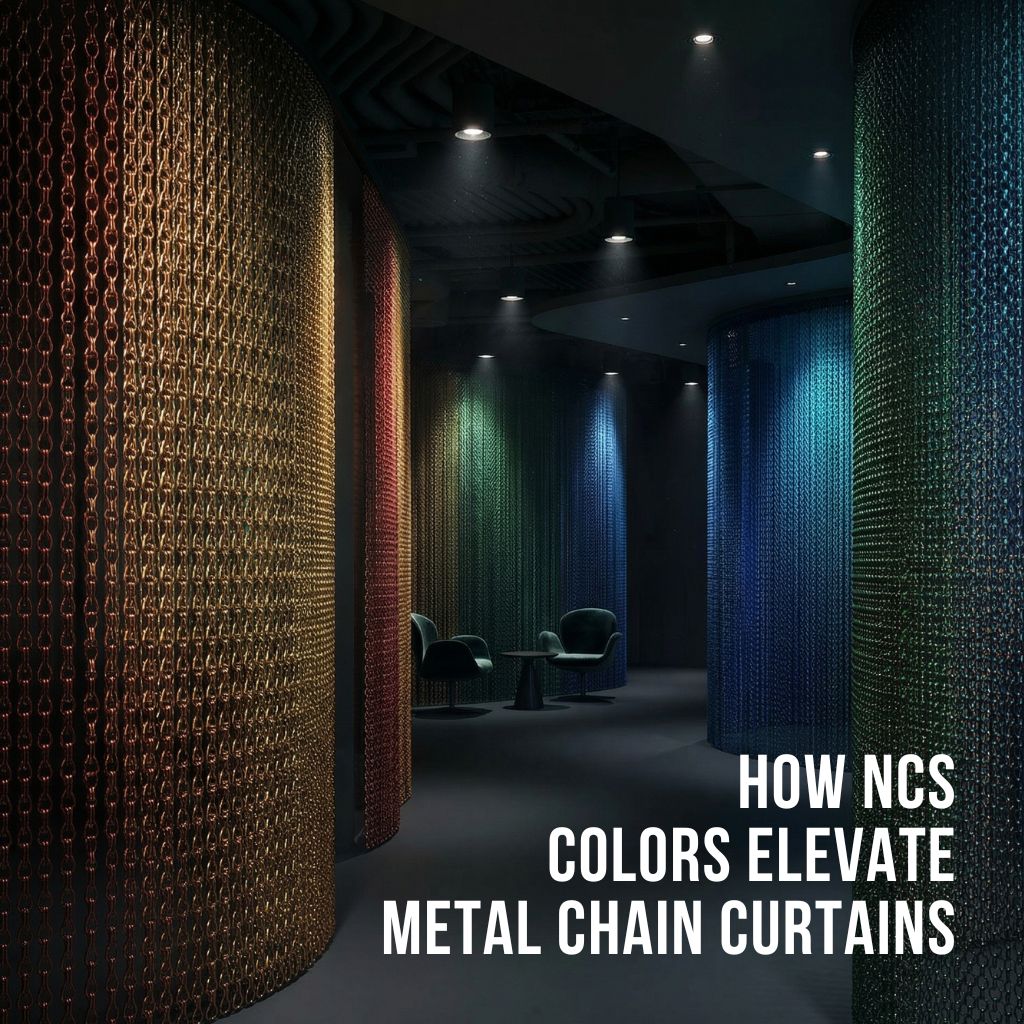 NCS colored decorative ring mesh curtain in luxury hotel lobby with soft lighting and metallic texture
