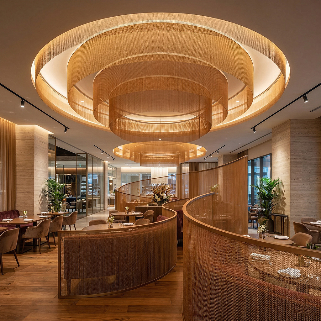 NCS colored decorative ring mesh curtain in luxury hotel lobby with soft lighting and metallic texture
