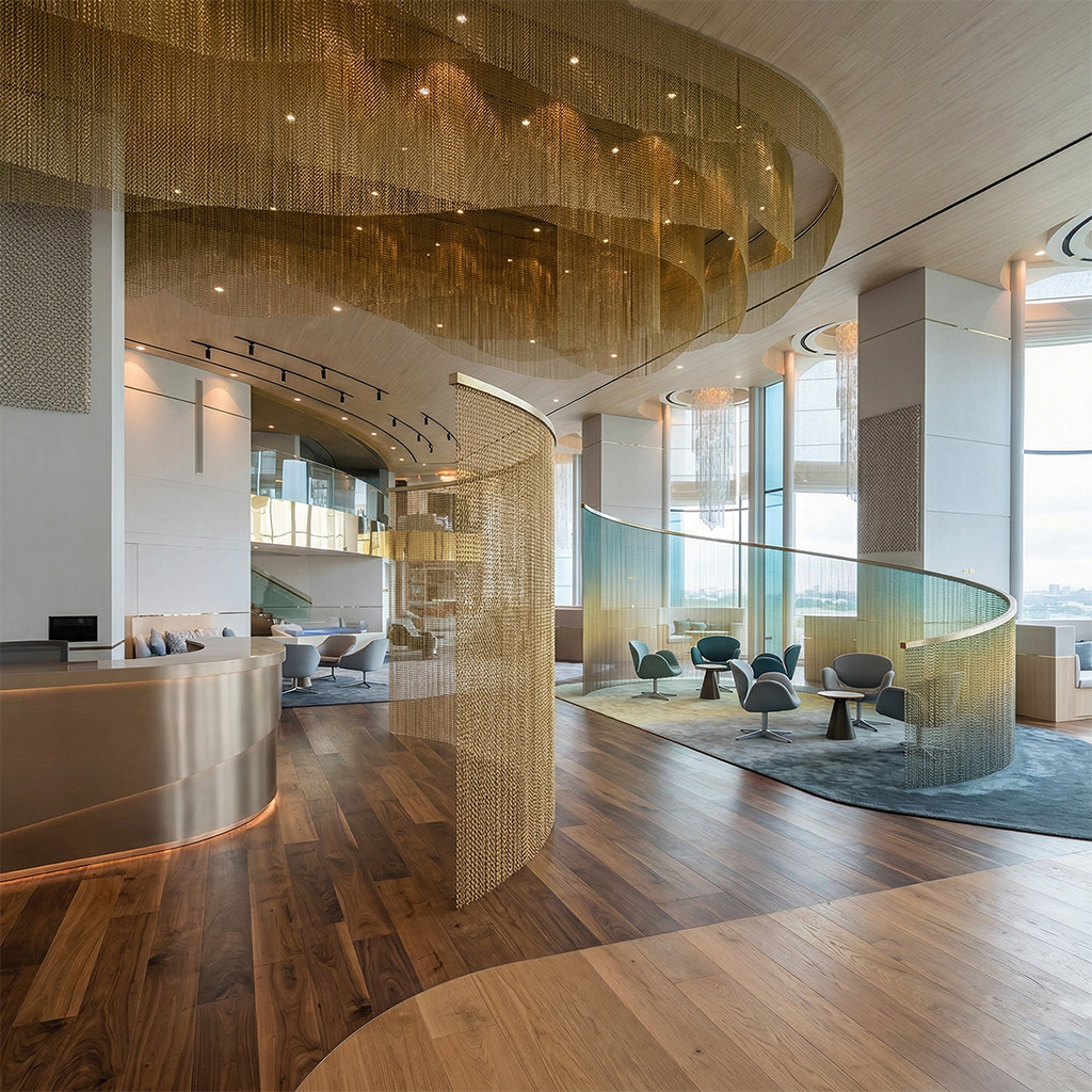 NCS colored decorative ring mesh curtain in luxury hotel lobby with soft lighting and metallic texture