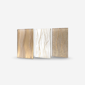 Branchy decorative laminated glass panel with organic nature-inspired pattern used for luxury interior partitions and feature walls.