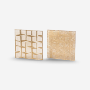 Framed decorative laminated glass panel with geometric gold grid pattern for luxury feature walls and glass partitions.