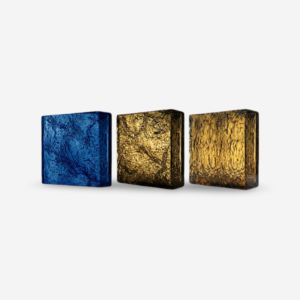 Textured artisan glass block with crystal-style pattern used for decorative glass block walls in modern interiors
