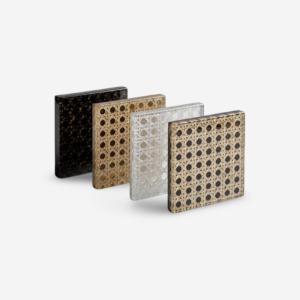 Caney Decorative Laminated Glass Panel with rattan weave laminated glass pattern and Champagne Gold Mirror finish for luxury interior partitions and feature walls.