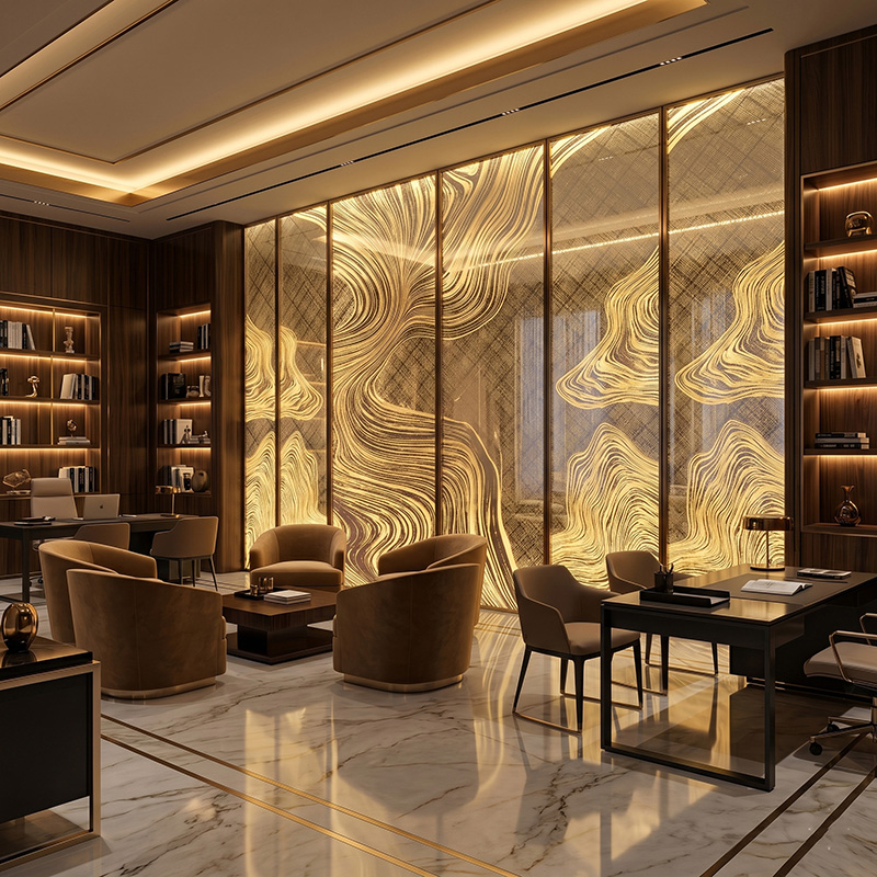 Glasmetra CFDLGP wavy decorative laminated glass panel with brass etched metal interlayer for luxury interior partition and feature wall