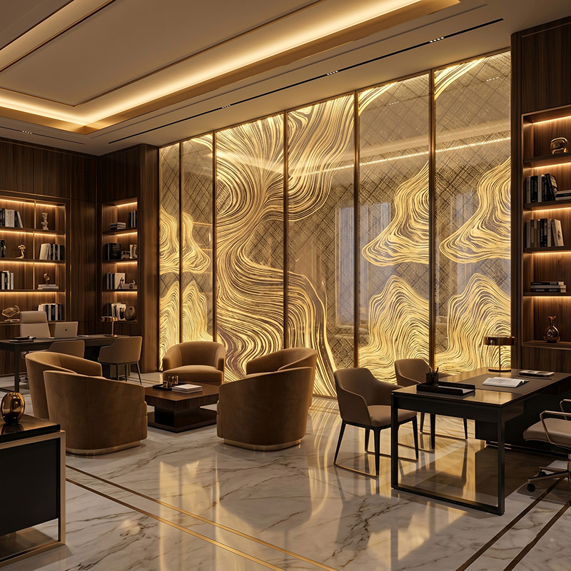 Glasmetra CFDLGP wavy decorative laminated glass panel with brass etched metal interlayer for luxury interior partition and feature wall