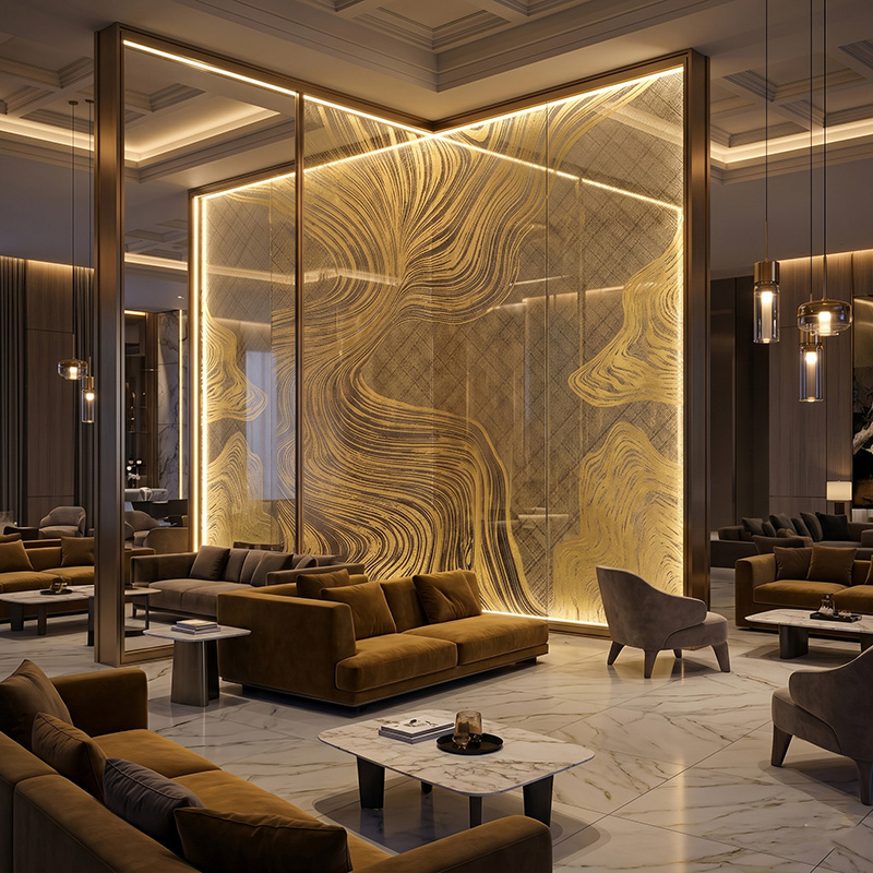Glasmetra CFDLGP wavy decorative laminated glass panel with brass etched metal interlayer for luxury interior partition and feature wall