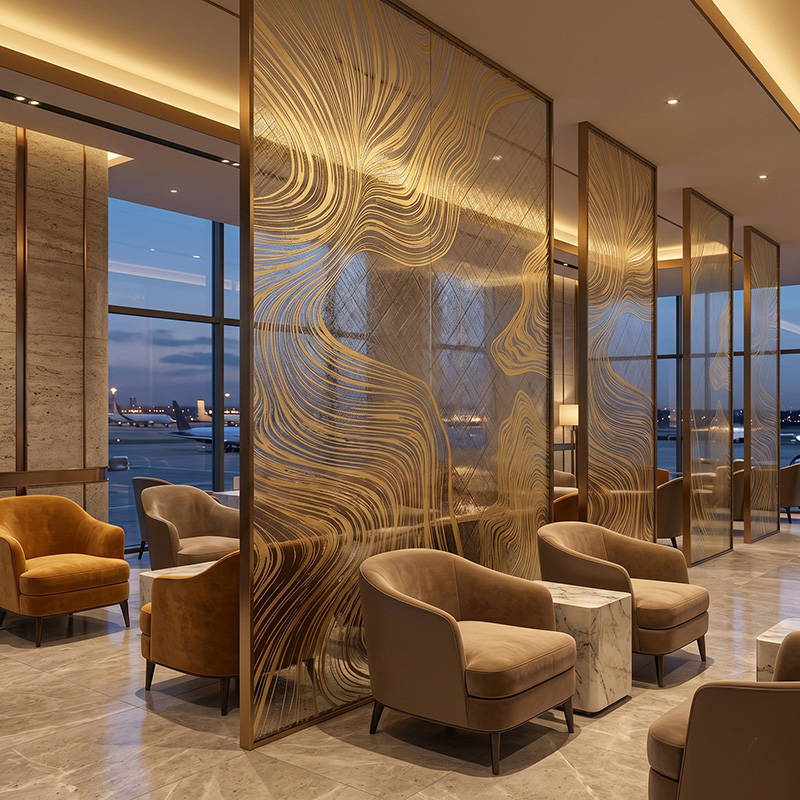 Glasmetra CFDLGP wavy decorative laminated glass panel with brass etched metal interlayer for luxury interior partition and feature wall