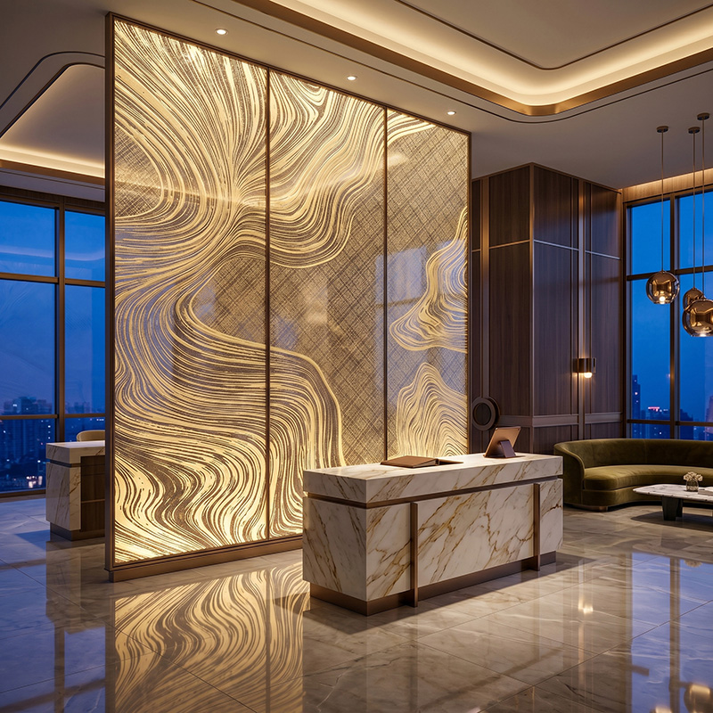 Glasmetra CFDLGP wavy decorative laminated glass panel with brass etched metal interlayer for luxury interior partition and feature wall