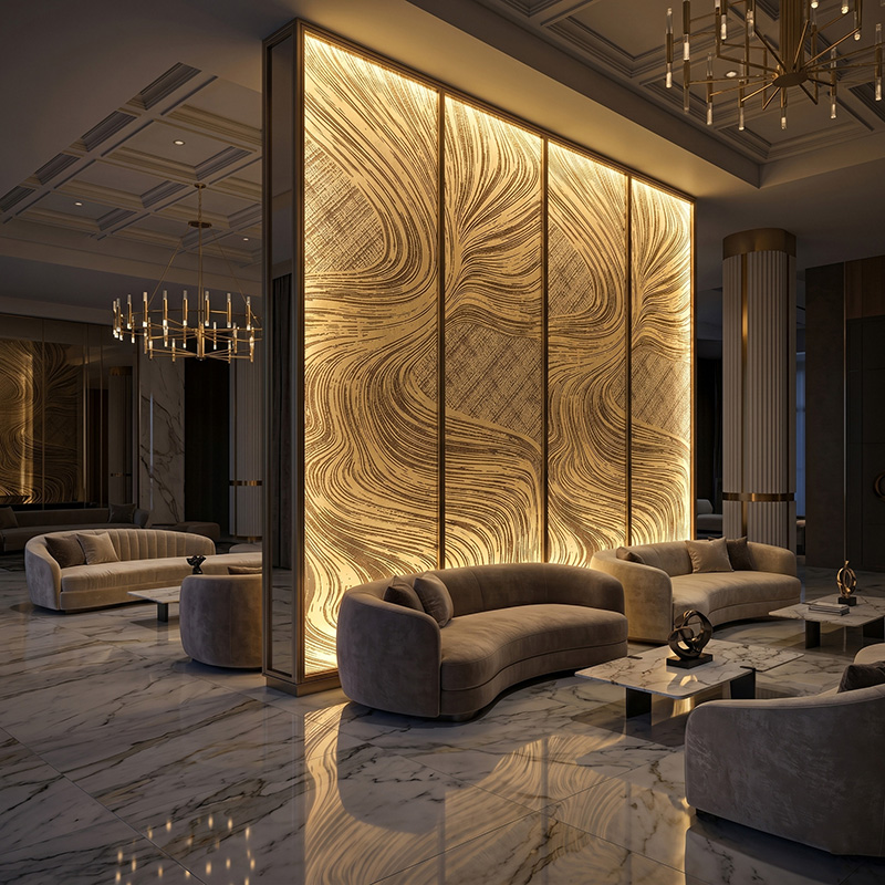 Glasmetra CFDLGP wavy decorative laminated glass panel with brass etched metal interlayer for luxury interior partition and feature wall
