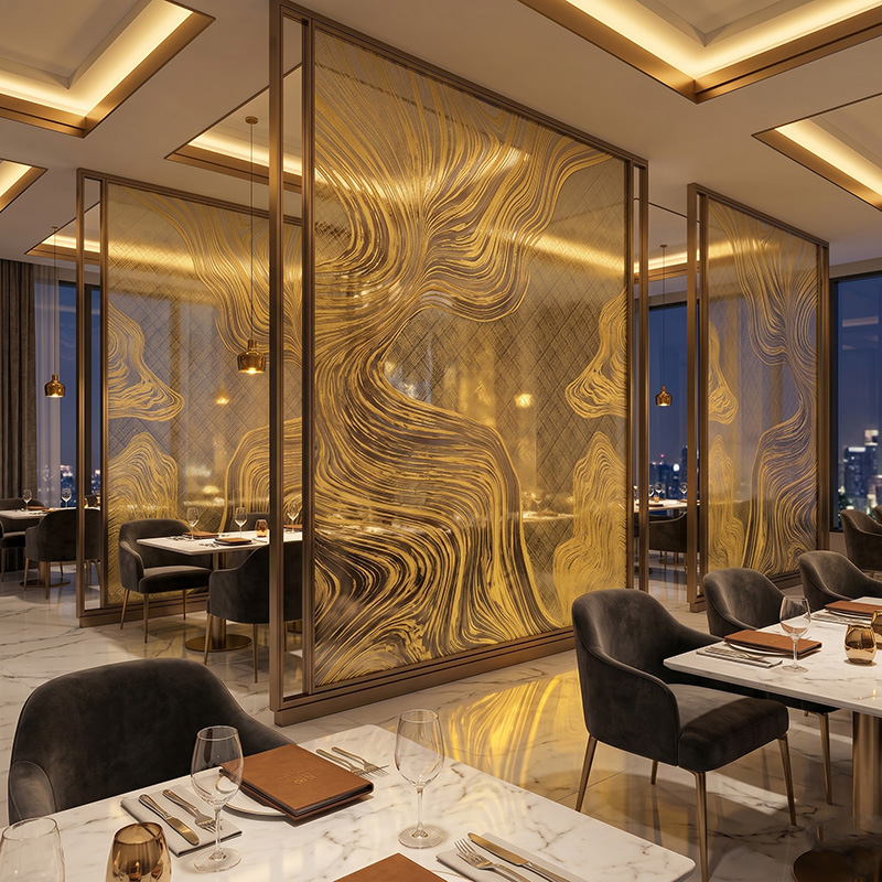 Glasmetra CFDLGP wavy decorative laminated glass panel with brass etched metal interlayer for luxury interior partition and feature wall