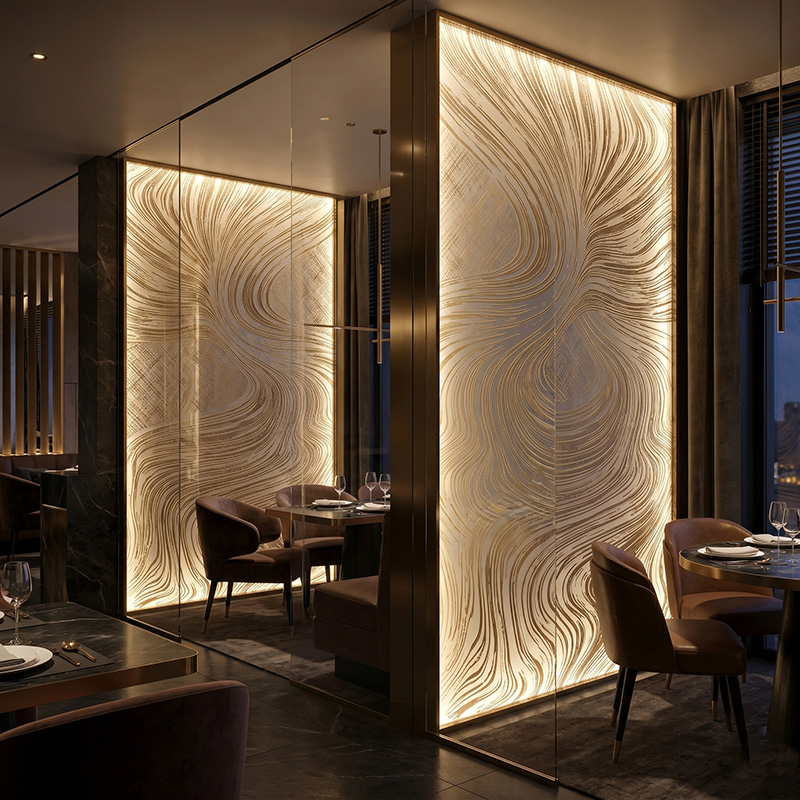 Glasmetra CFDLGP wavy decorative laminated glass panel with brass etched metal interlayer for luxury interior partition and feature wall
