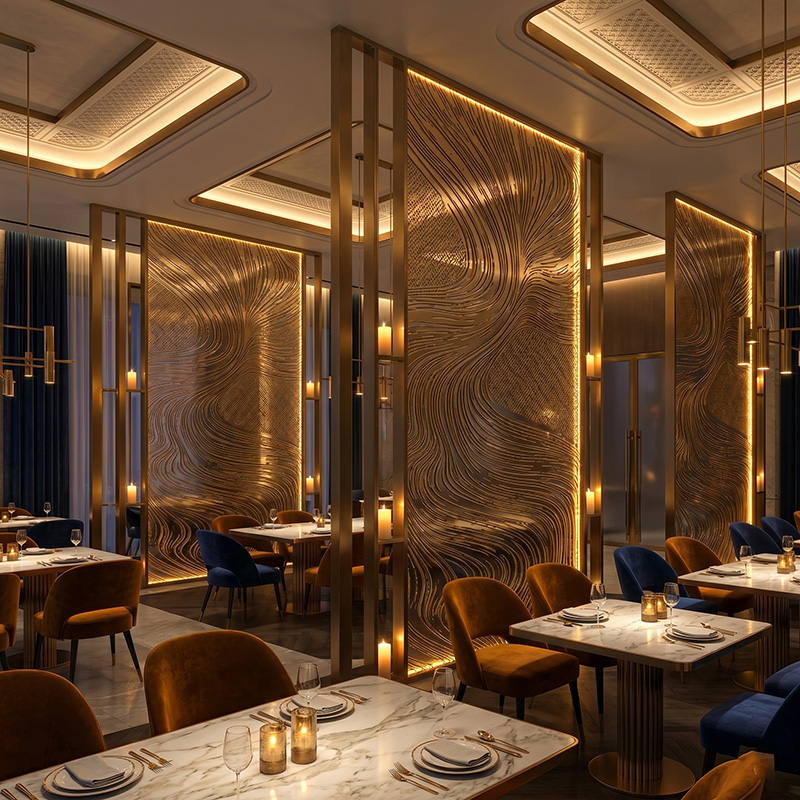 Glasmetra CFDLGP wavy decorative laminated glass panel with brass etched metal interlayer for luxury interior partition and feature wall