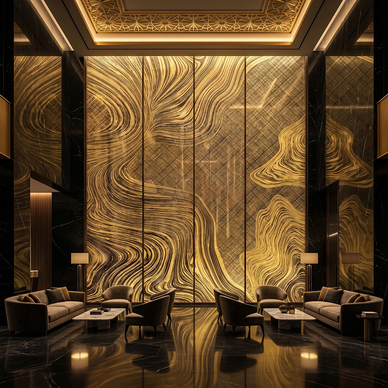 Glasmetra CFDLGP wavy decorative laminated glass panel with brass etched metal interlayer for luxury interior partition and feature wall