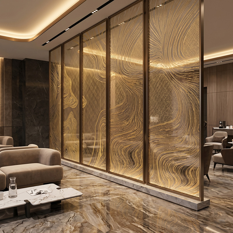 Glasmetra CFDLGP wavy decorative laminated glass panel with brass etched metal interlayer for luxury interior partition and feature wall