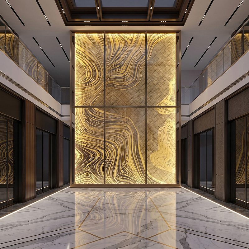 Glasmetra CFDLGP wavy decorative laminated glass panel with brass etched metal interlayer for luxury interior partition and feature wall