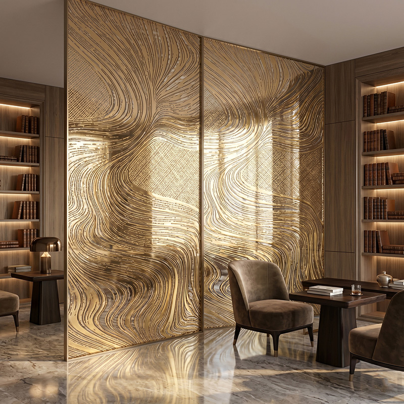 Glasmetra CFDLGP wavy decorative laminated glass panel with brass etched metal interlayer for luxury interior partition and feature wall