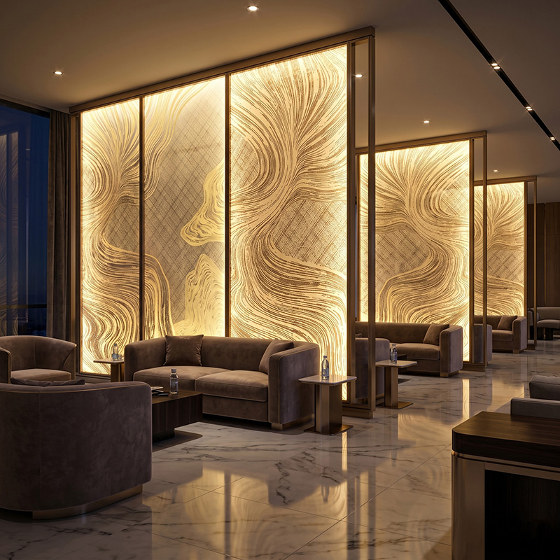 Glasmetra CFDLGP wavy decorative laminated glass panel with brass etched metal interlayer for luxury interior partition and feature wall