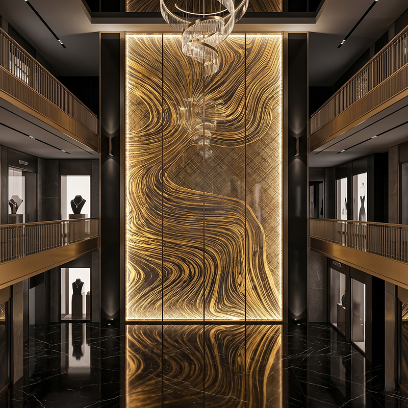 Glasmetra CFDLGP wavy decorative laminated glass panel with brass etched metal interlayer for luxury interior partition and feature wall