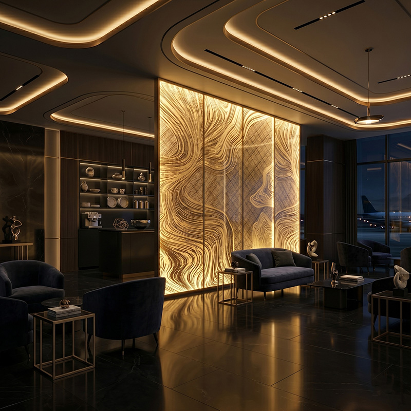 Glasmetra CFDLGP wavy decorative laminated glass panel with brass etched metal interlayer for luxury interior partition and feature wall