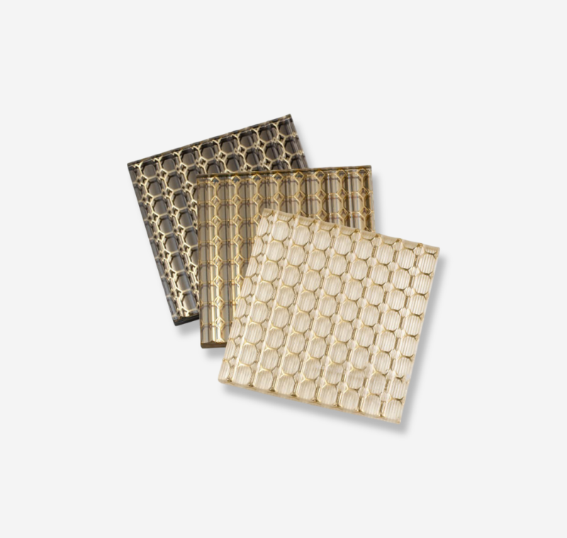 Gilded Octagon Decorative Laminated Glass Panel GLASMETRA with gold octagon geometric pattern, crystal fluted glass, and champagne gold mirror finish.