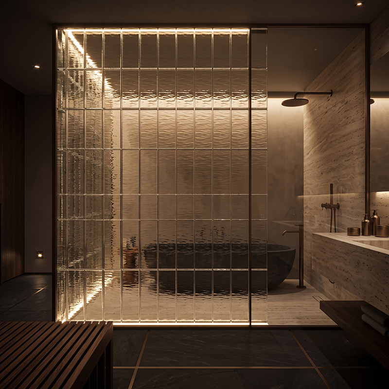 ORNVITRUM-CFRTGB Ripple Textured Glass Block with a flowing textured surface for decorative interior applications.