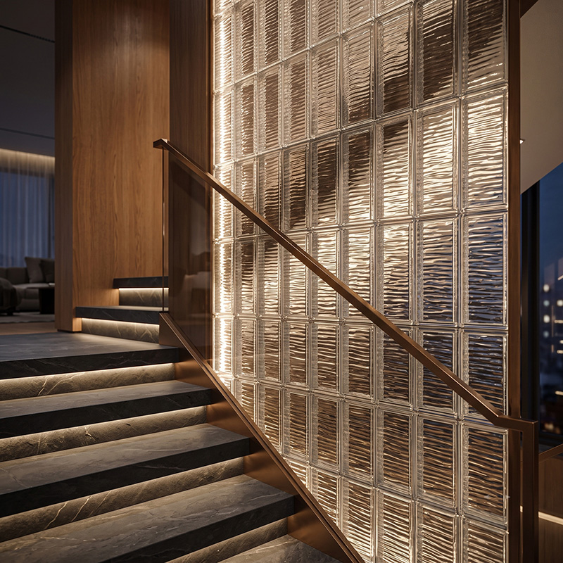 ORNVITRUM-CFRTGB Ripple Textured Glass Block with a flowing textured surface for decorative interior applications.