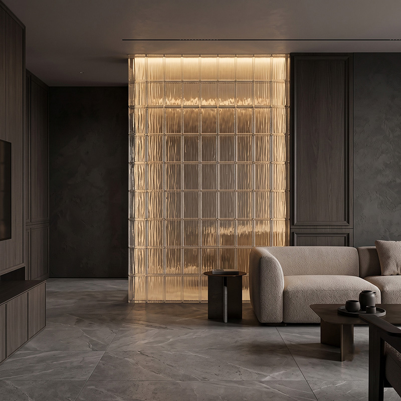 ORNVITRUM-CFRTGB Ripple Textured Glass Block with a flowing textured surface for decorative interior applications.