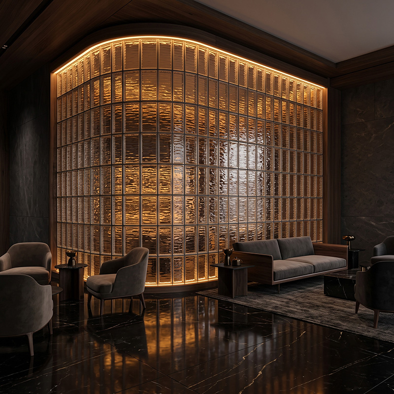 ORNVITRUM-CFRTGB Ripple Textured Glass Block with a flowing textured surface for decorative interior applications.