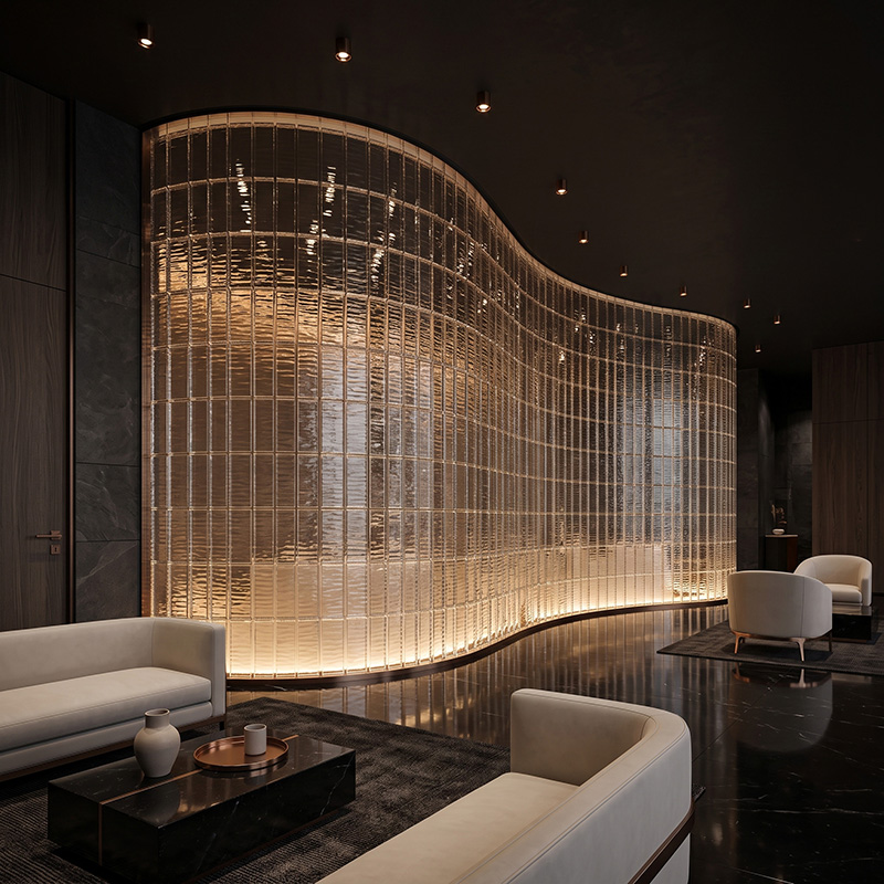 ORNVITRUM-CFRTGB Ripple Textured Glass Block with a flowing textured surface for decorative interior applications.