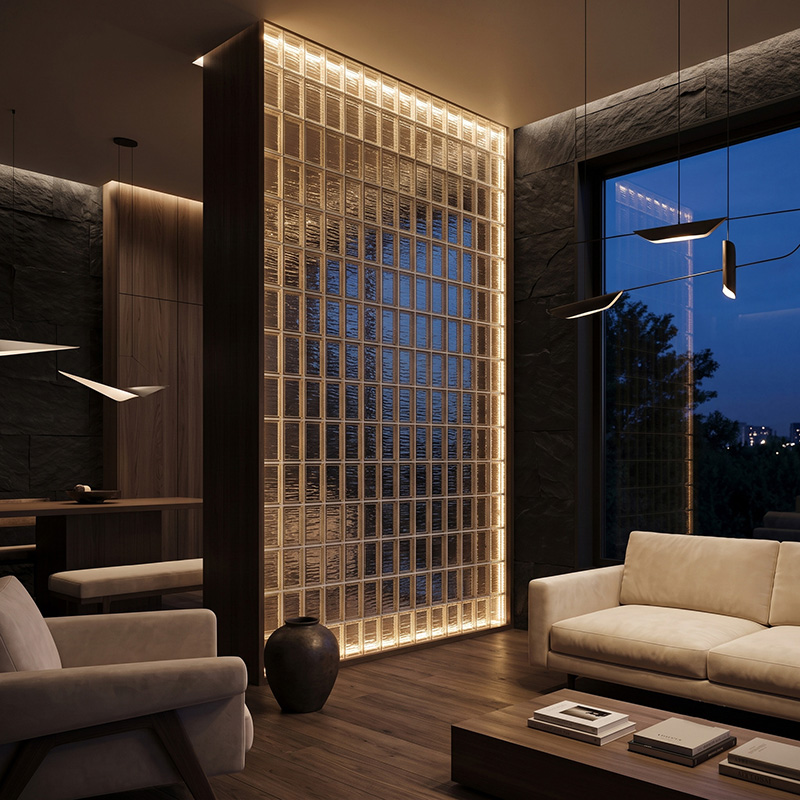 ORNVITRUM-CFRTGB Ripple Textured Glass Block with a flowing textured surface for decorative interior applications.