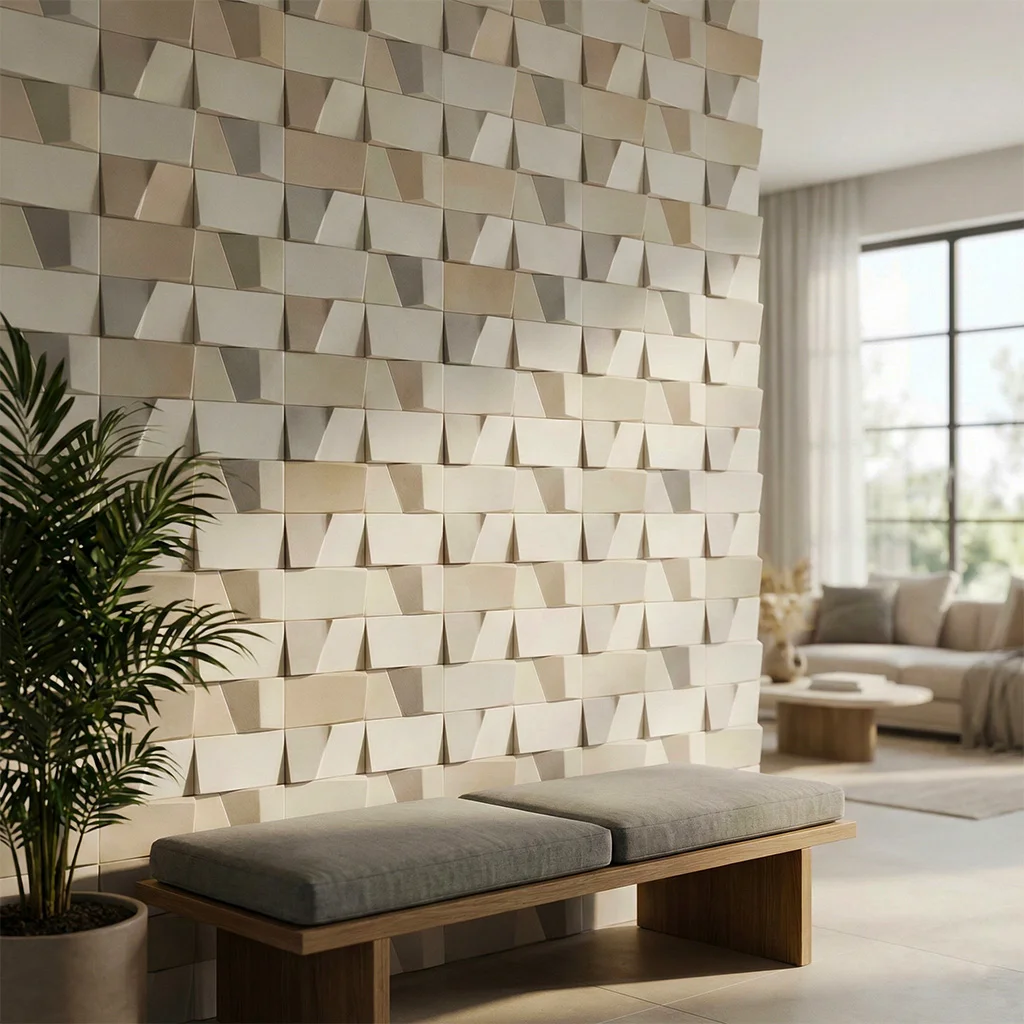 Dimensional 3D wall tile feature wall in a modern interior, showing shadow and light play on neutral textured surfaces
