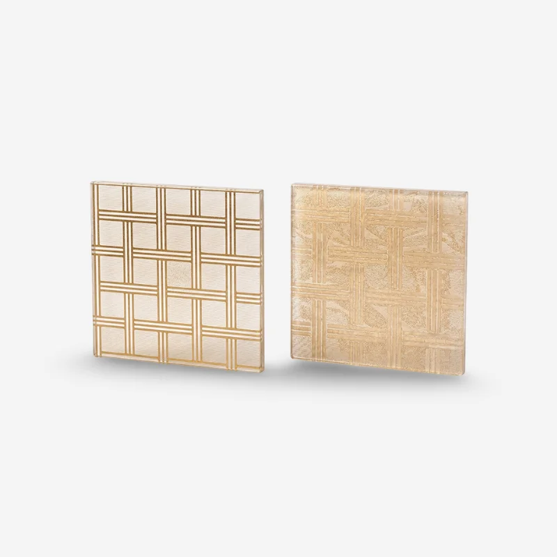 Framed decorative laminated glass panel with geometric gold grid pattern for luxury feature walls and glass partitions.
